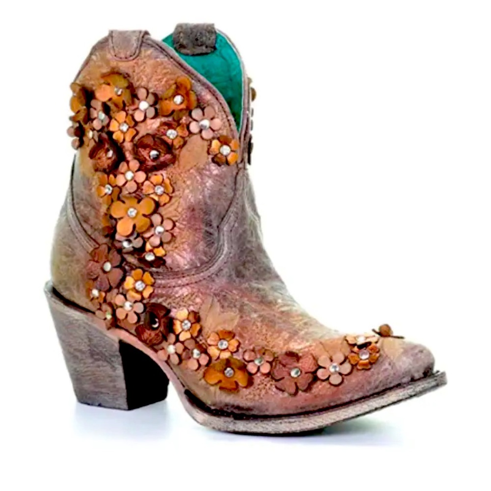 CORRAL Women's Floral Overlay Embroidered Booties Round Toe (A3679) Size 11